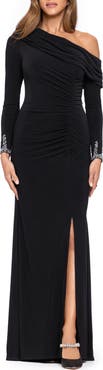 Betsy & Adam Ruched Beaded Cuff Long Sleeve Gown