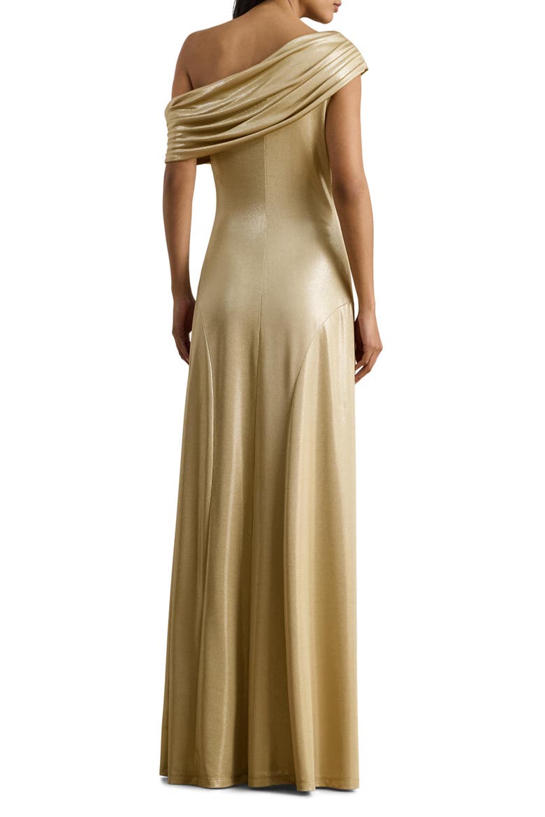 One-Shoulder Metallic Jersey Gown, Alternate, color, BIRCH BEIGE FOIL
