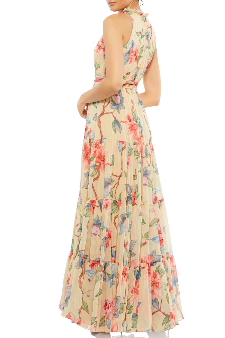 High Neck Pleated Floral A-Line Gown, Alternate, color, NUDE MULTI