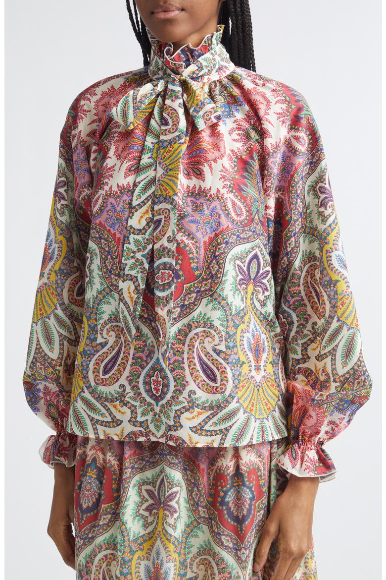 Paisley Print Cotton & Silk Scarf Neck Top, Alternate, color, PRINT ON WHITE BASE