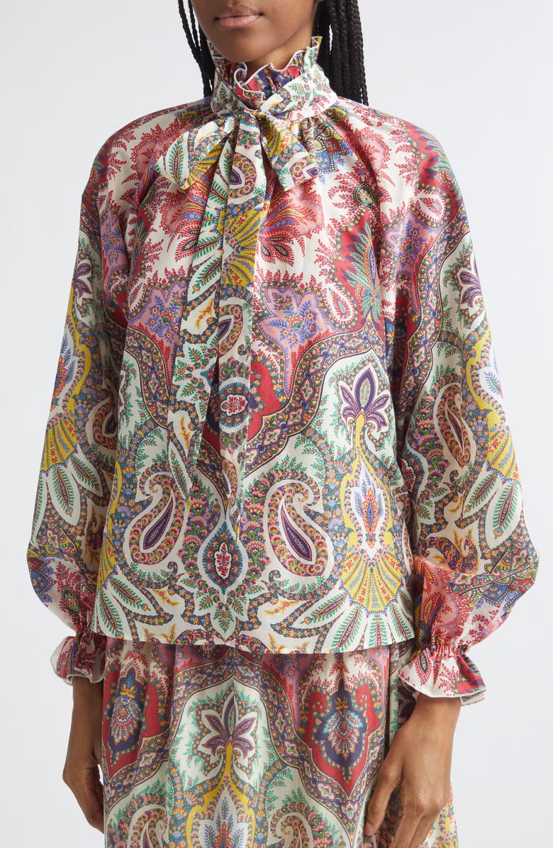 Etro Paisley Print Cotton & Silk Scarf Neck Top, Alternate, color, Print On White Base