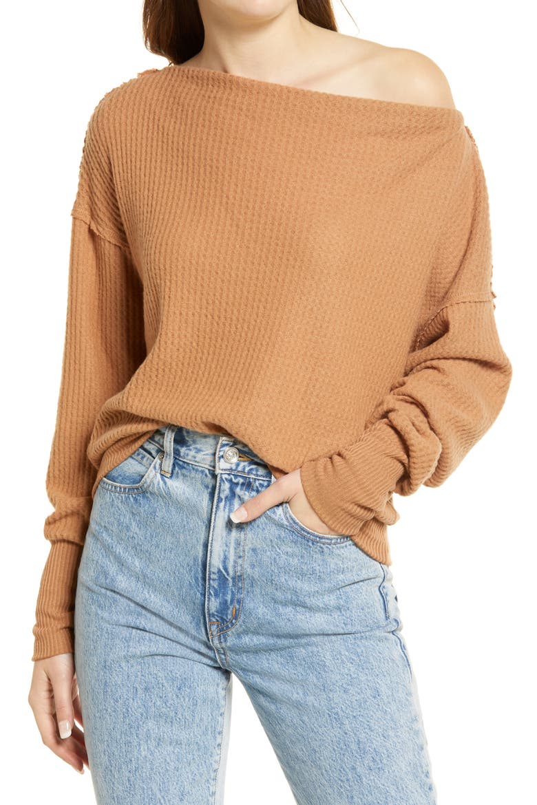 Off the Shoulder Thermal Knit Top, Main, color, TAN THRUSH
