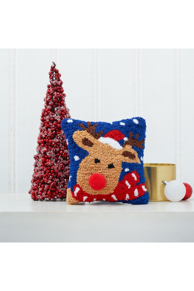 Reindeer w/ Santa Hat Hooked Christmas Mini Accent Pillow 8" x 8", Alternate, color, Blue