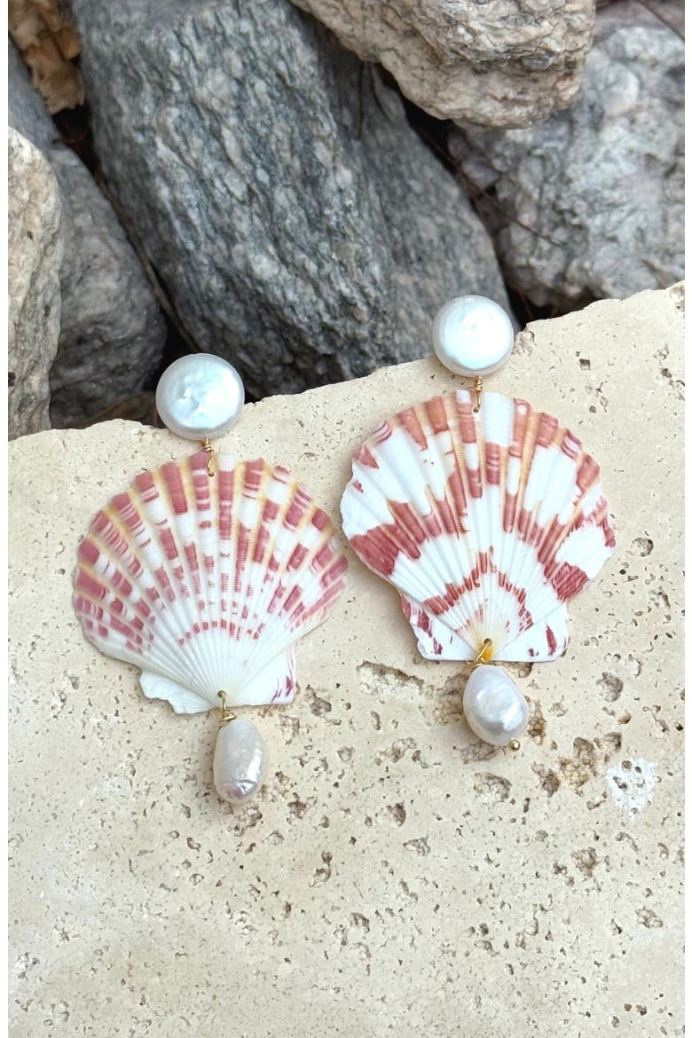 Shell & Faux Pearl Drop Earrings, Alternate, color, PINK