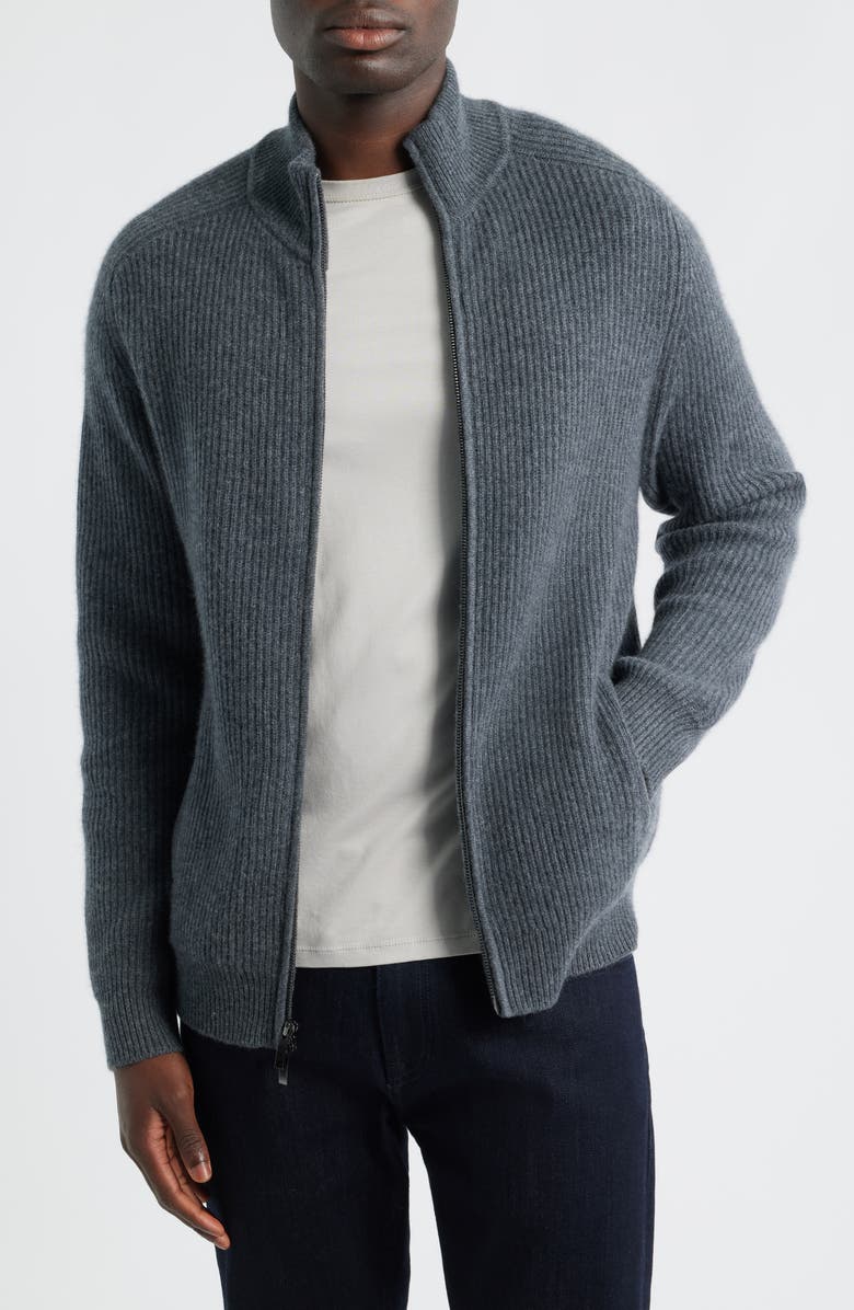 Nordstrom Luxe Cashmere Zip Cardigan, Main, color, Grey Embers Heather