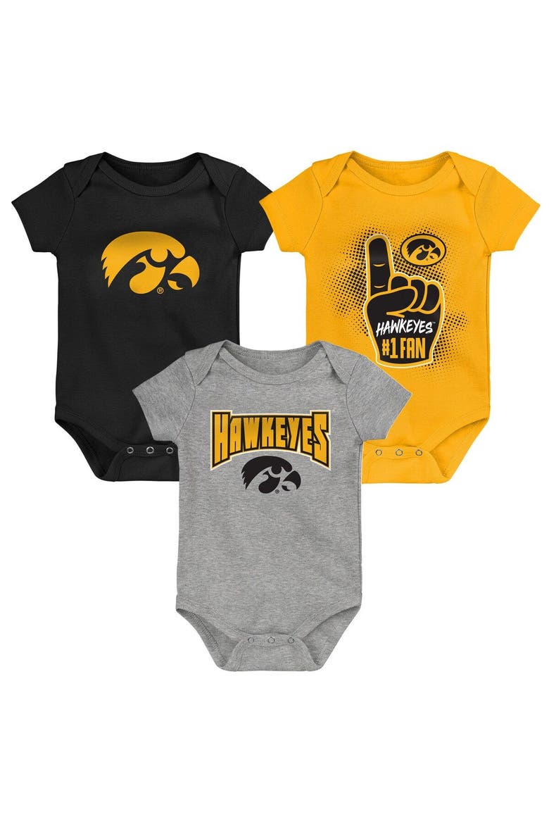 Newborn & Infant Black/Gold/Heathered Gray Iowa Hawkeyes 3-Pack Game On Bodysuit Set, Main, color, Black