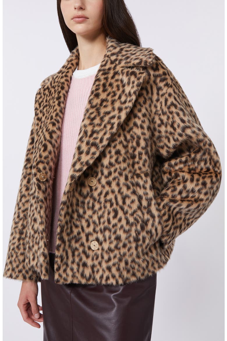 Cheetah Print Wool-Blend Peacoat, Alternate, color, CAMEL