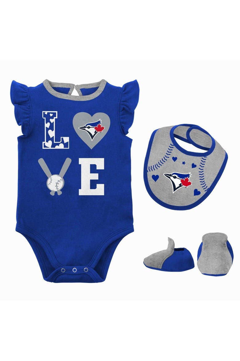 Newborn & Infant Royal/Heather Gray Toronto Blue Jays Three-Piece Love of Baseball Bib Bodysuit & Booties Set, Main, color, Royal