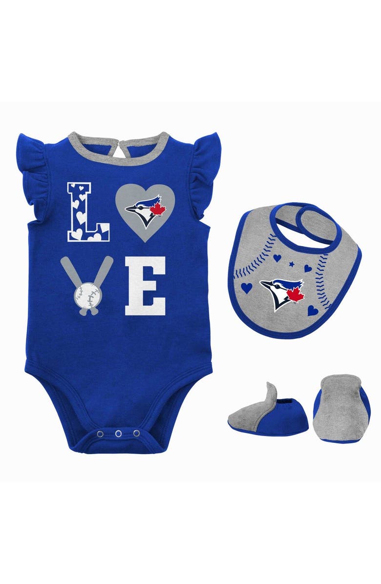 Outerstuff Newborn & Infant Royal/Heather Gray Toronto Blue Jays Three-Piece Love of Baseball Bib Bodysuit & Booties Set, Main, color, Royal