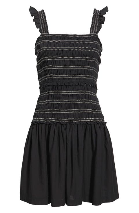 Ruffle Smocked Drop Waist Cotton Blend Minidress