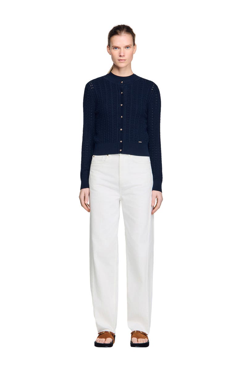 SANDRO Cropped textured knit cardigan, Alternate, color, Navy Blue