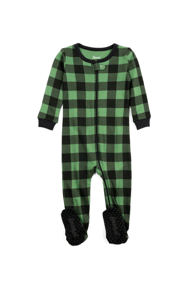 Leveret Kids Footed Plaid Cotton Matching Family Holiday Pajamas, Main, color, Plaid Black & Green