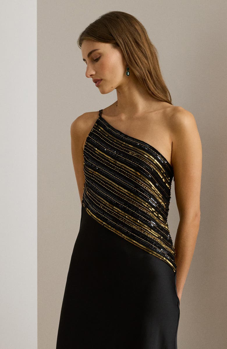 Lauren Ralph Lauren Beaded Mesh One-Shoulder Gown, Alternate, color, Black/ Gold