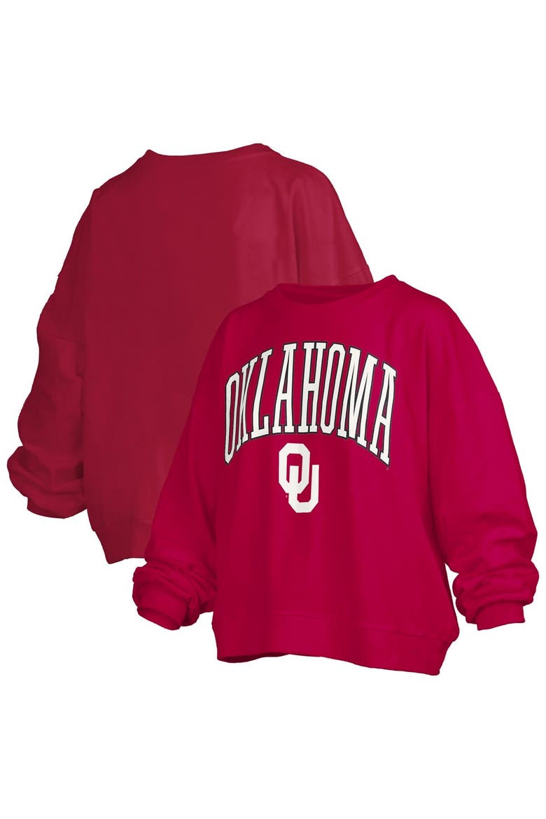 Women's Pressbox Crimson Oklahoma Sooners Janise Arch Over Logo Waist Length Oversized Pullover Sweatshirt, Alternate, color, Crimson