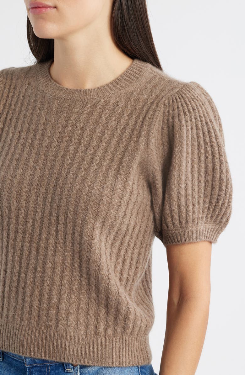 PAIGE Lucerne Puff Sleeve Cable Knit Cashmere Sweater, Alternate, color, Heather Brown