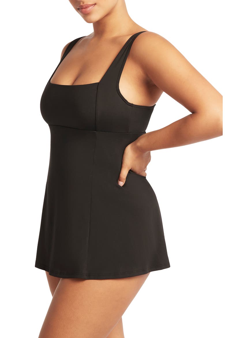 Square Neck One-Piece Swimsuit Dress, Alternate, color, BLACK