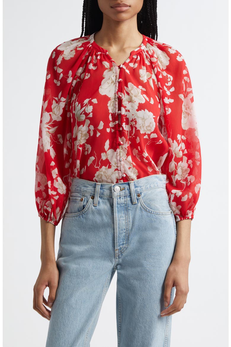 Teagan Puff Sleeve Top, Main, color, RED/ IVORY IKEBANA