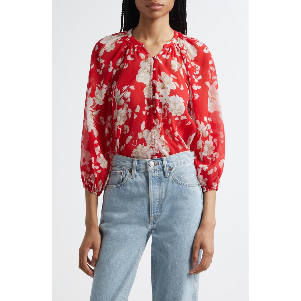 L'AGENCE Teagan Puff Sleeve Top in Red/ivory Ikebana at Nordstrom, Size Large