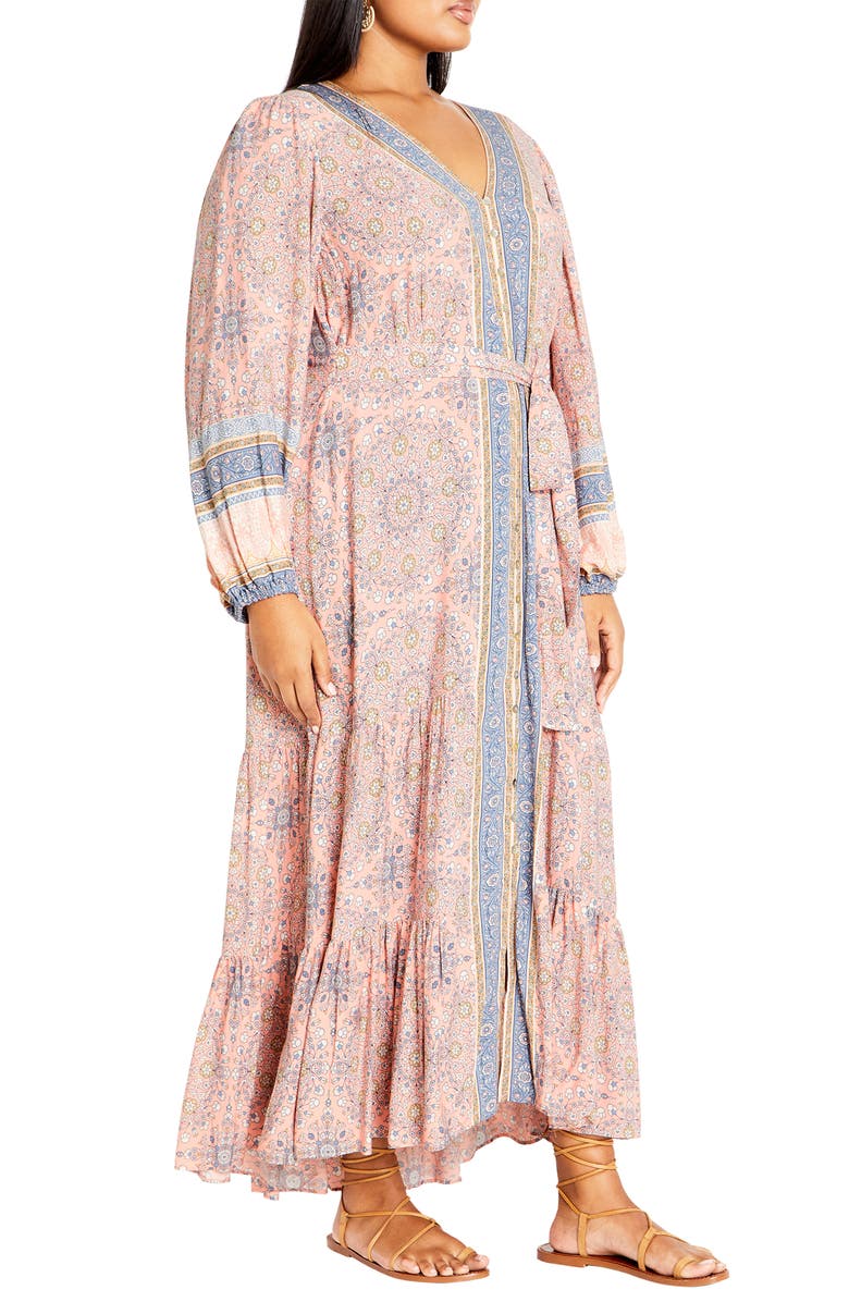 City Chic Clover Tie Belt Button Front Long Sleeve Maxi Dress, Alternate, color, Peachy Border