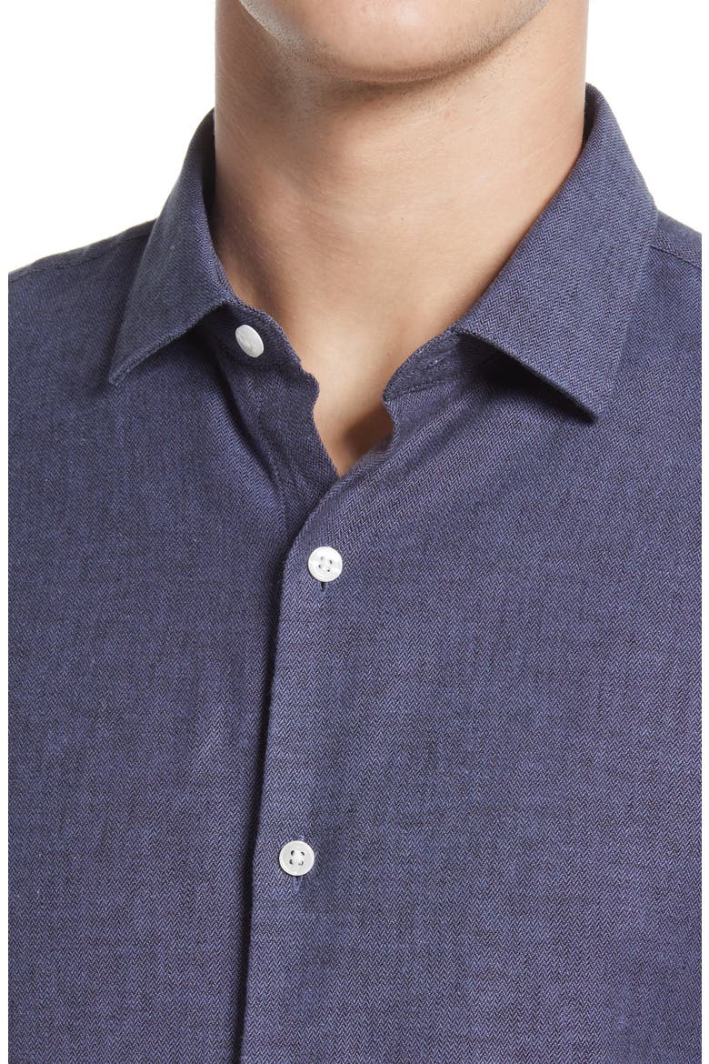 Slim Fit Stretch Linen & Cotton Button-Up Shirt, Alternate, color, NAVY HERRINGBONE