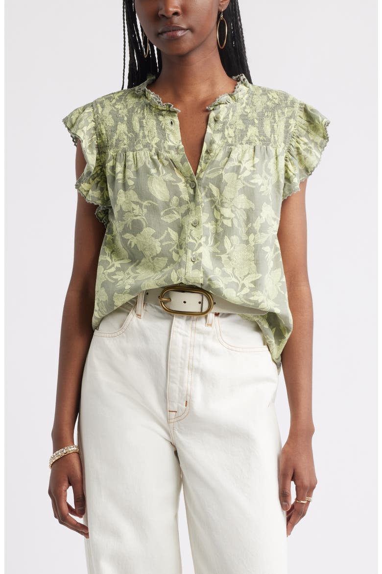 Smocked Yoke Linen Blend Shirt, Main, color, OLIVE- GREEN JILL BLOOM