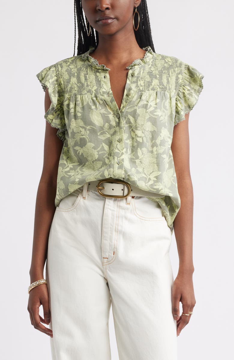 Treasure & Bond Smocked Yoke Linen Blend Shirt, Main, color, 