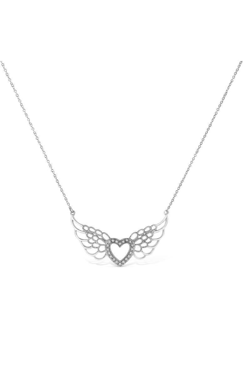 .925 Sterling Silver Pave-Set Diamond Accent Fairy Wing Heart Pendant Necklace, Alternate, color, White