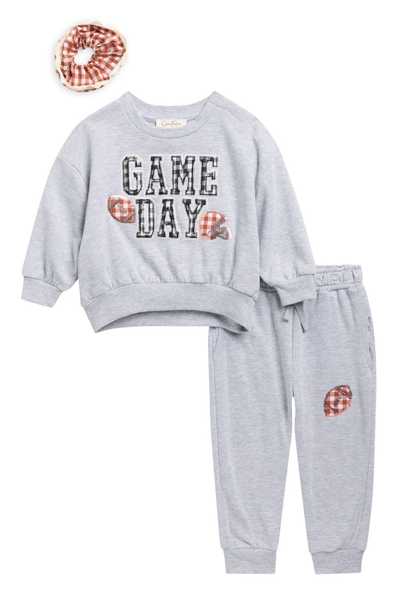 French Terry Gameday Sweatshirt, Joggers & Scrunchie Set, Main, color, LIGHT HEATHER GRAY