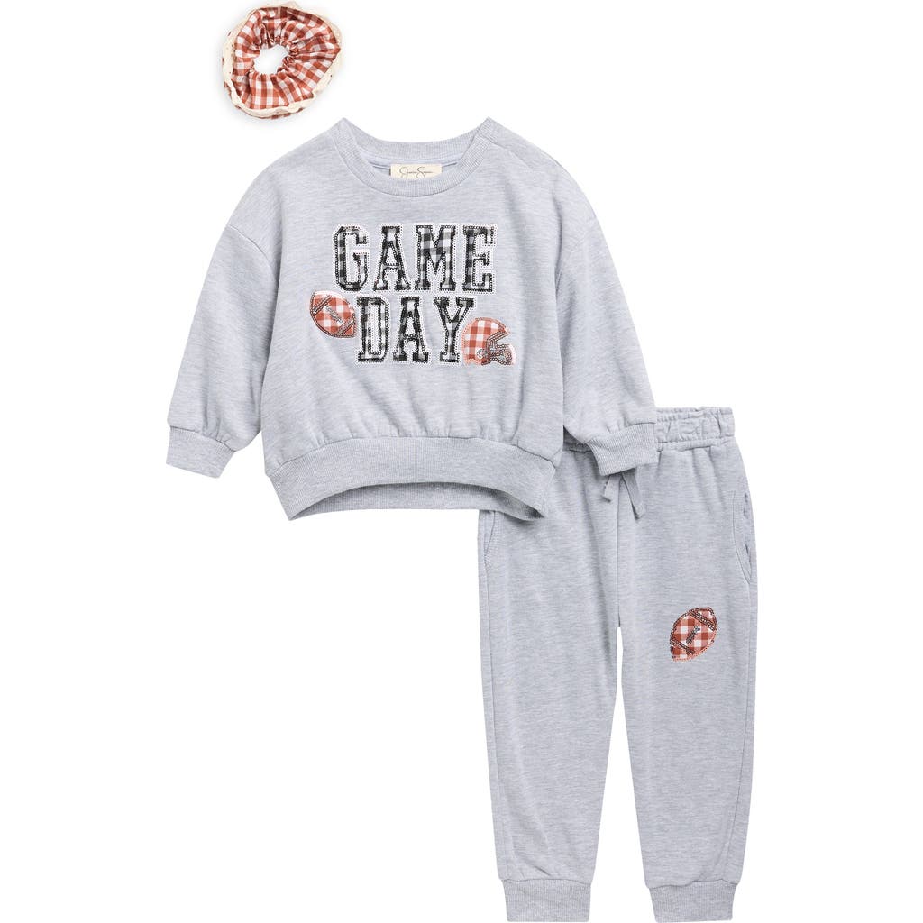 Jessica Simpson Babies' French Terry Gameday Sweatshirt, Joggers & Scrunchie Set In Light Heather Gray