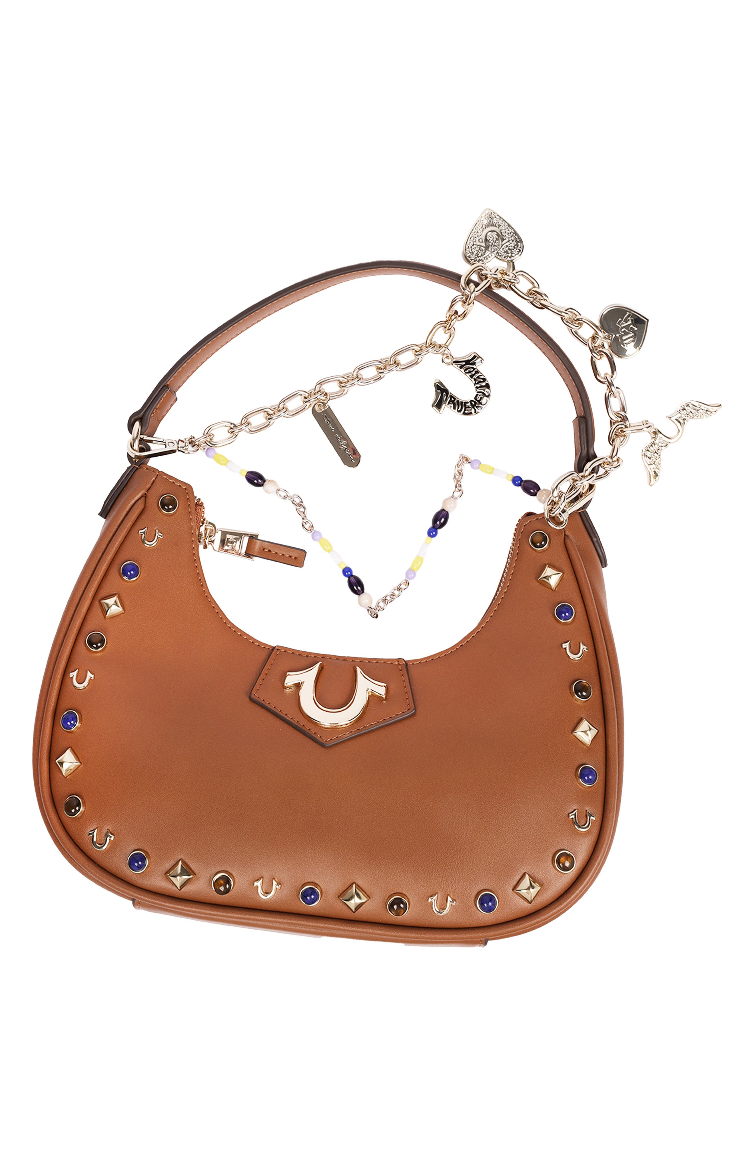 Chain and Studded Faux Leather Hobo, Alternate, color, COGNAC