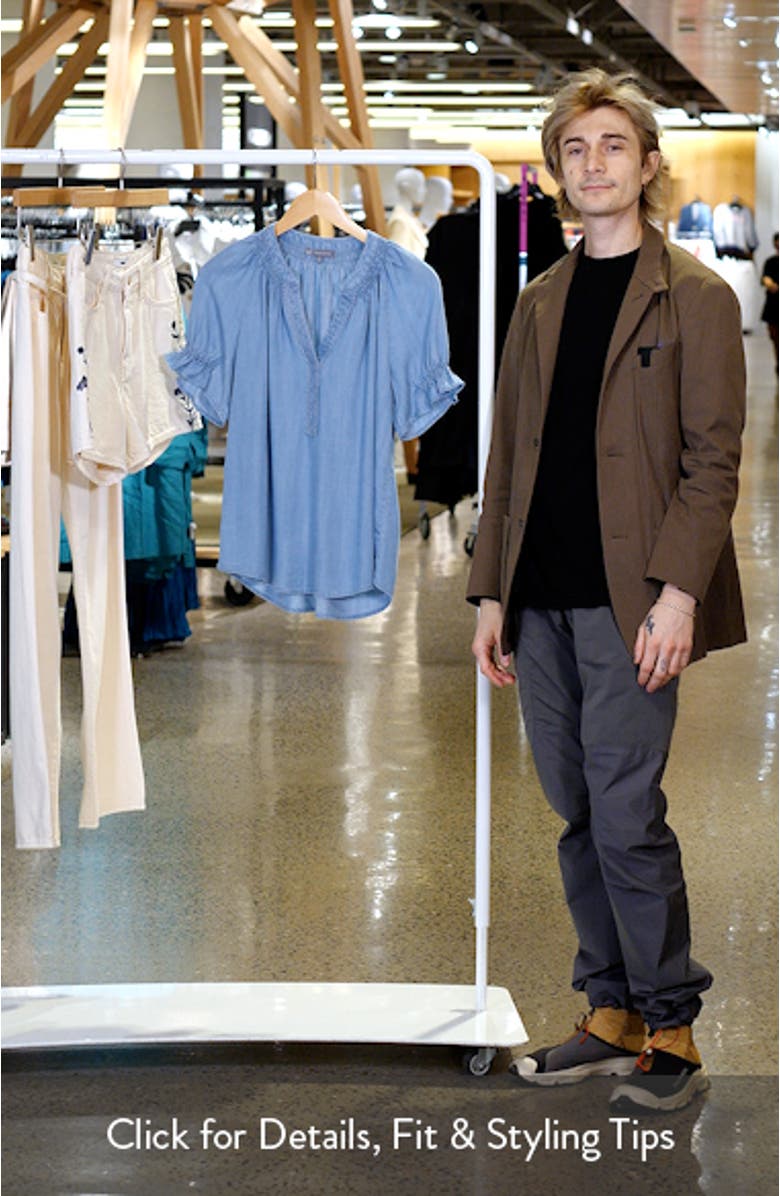 Smocked Embroidered Chambray Top, sales video thumbnail