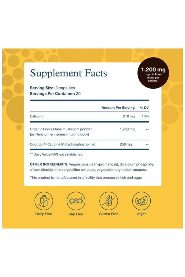 Lion's Mane Plus Brain Support Mushroom Supplement 60 Vegetarian Capsules, Alternate, color, None
