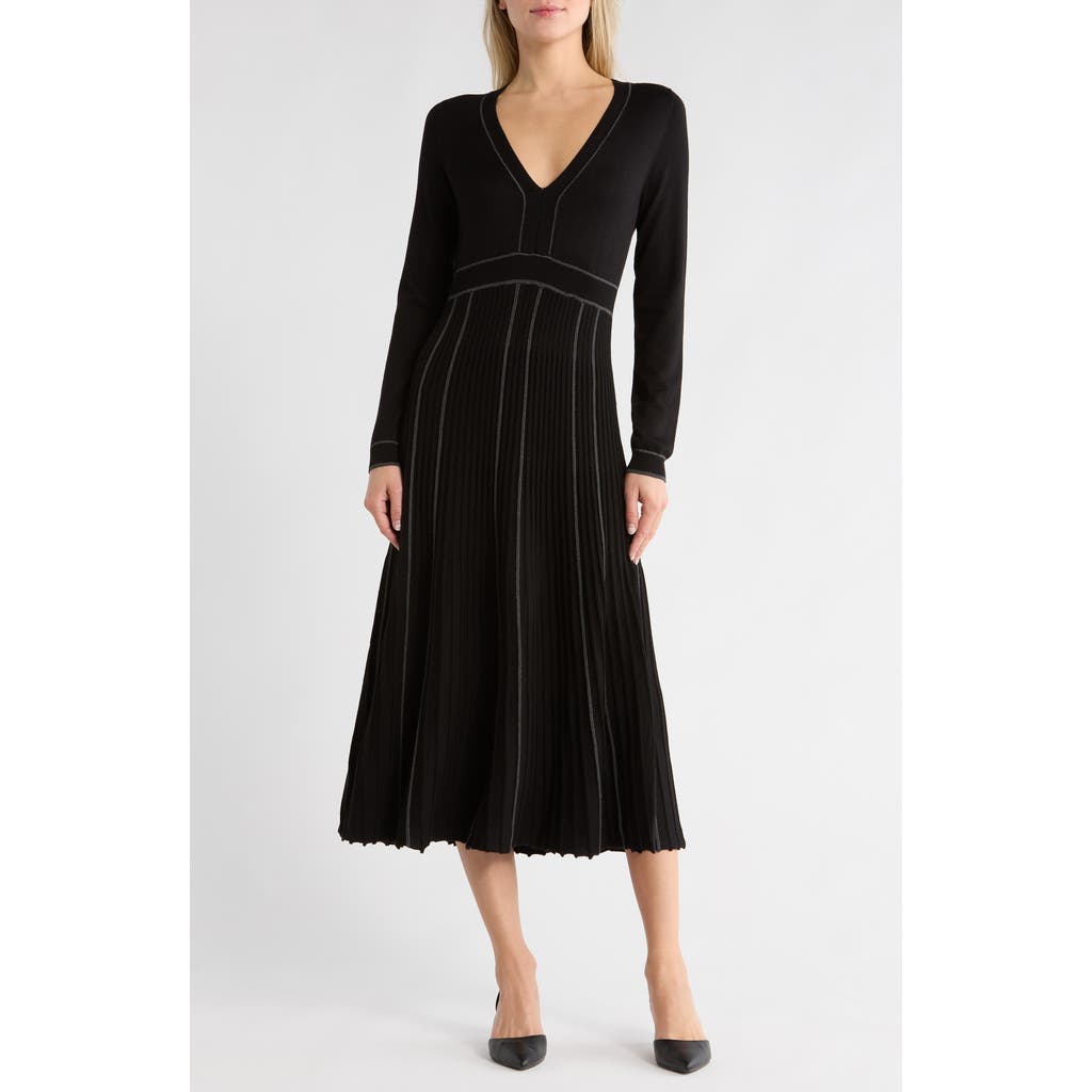 Max Studio Long Sleeve Piped Sweater Dress In Black