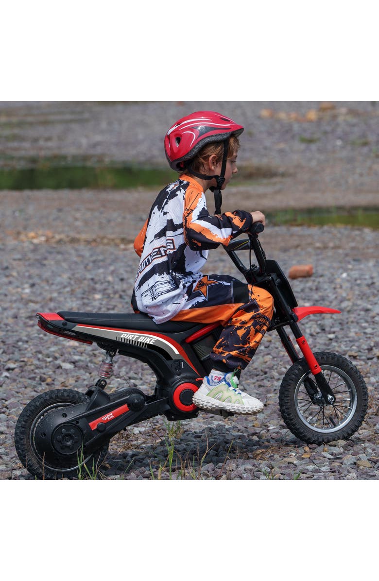 Aosom 24V 350W Electric Dirt Bike with Twist Grip Throttle, 15 MPH, Music Horn, Rear Suspension, Alternate, color, Red