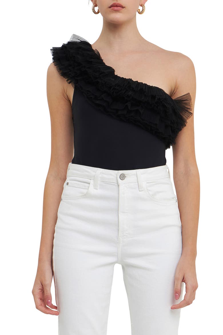 Tulle Ruffle One-Shoulder Bodysuit, Main, color, BLACK