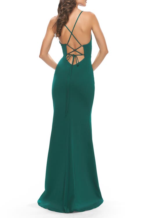 La Femme Fitted Matte Jersey Gown With Unique Deep V Neckline