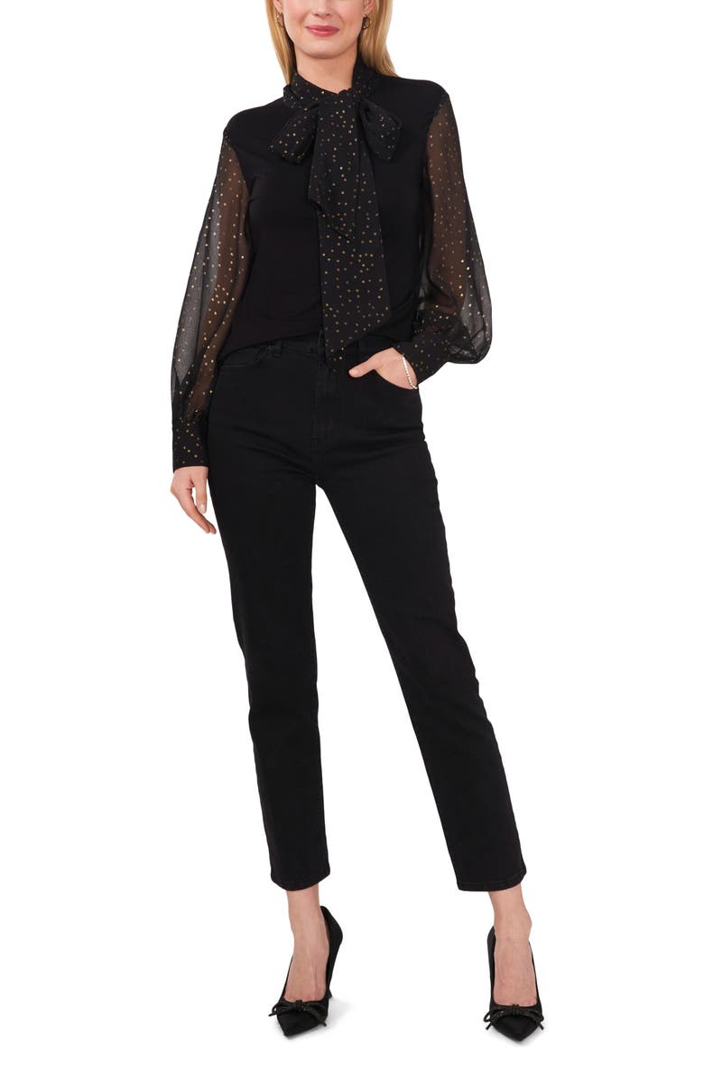 Vince Camuto Metallic Tie Neck Mixed Media Top, Alternate, color, 