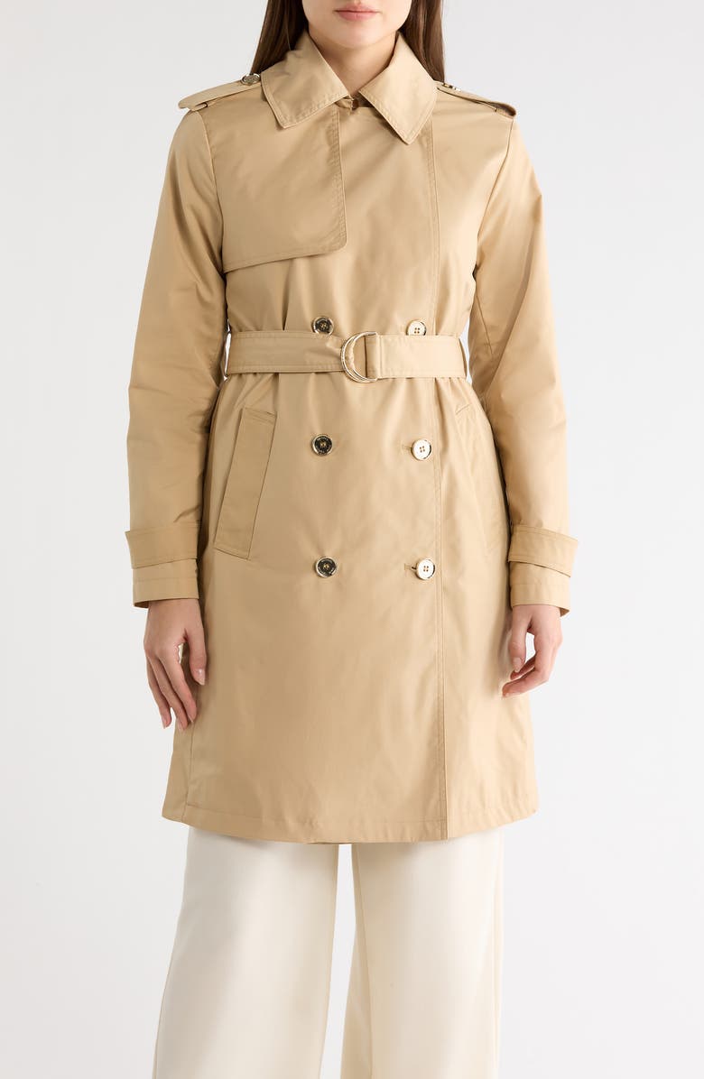 Michael Kors Belted Double Breasted Trench Coat, Main, color, Khaki