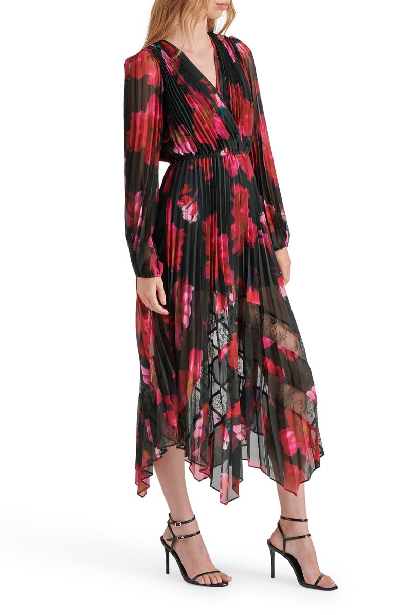 Steve Madden Ari Floral Pleated Long Sleeve Chiffon & Lace Dress, Alternate, color, Pink Multi