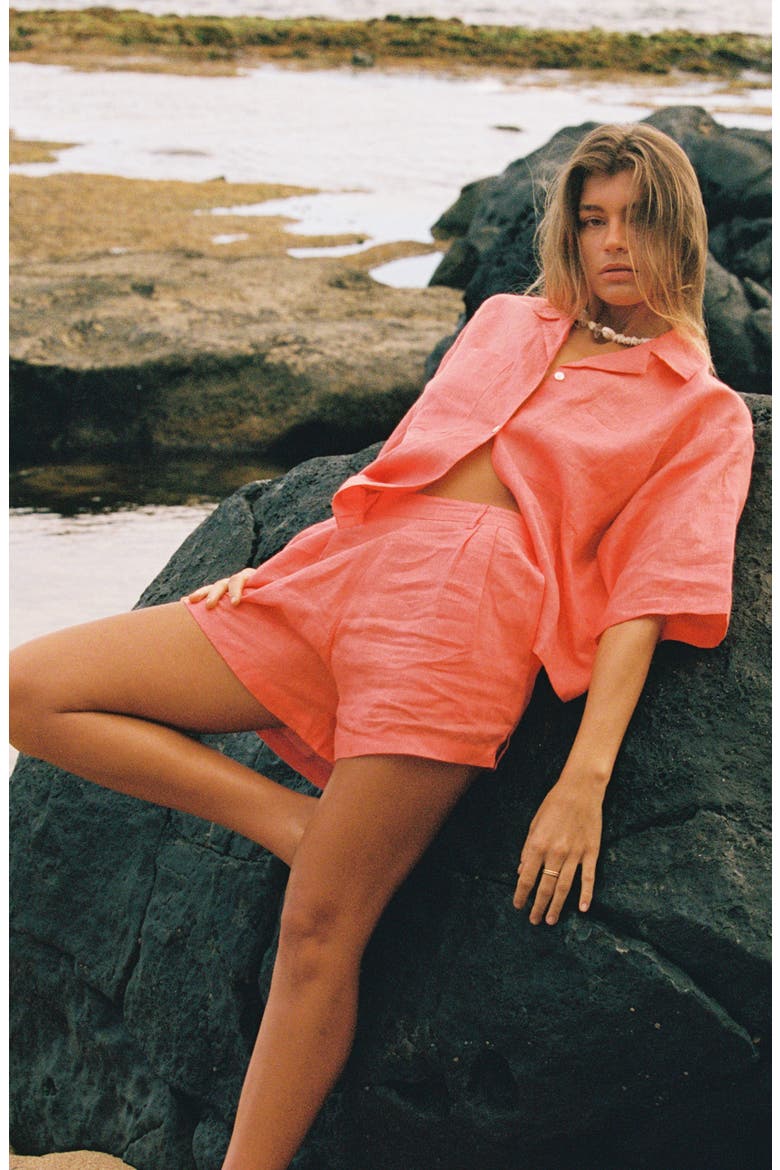 Rowan Resort Linen Cover-Up Shirt, Alternate, color, CORAL