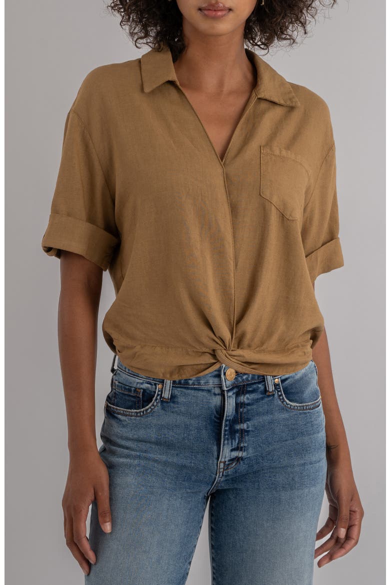 Rebel Knot Front Linen Blend Top, Main, color, WOOD