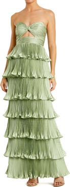 Mac Duggal Pleated Charmeuse Strapless Tiered Ruffle Gown