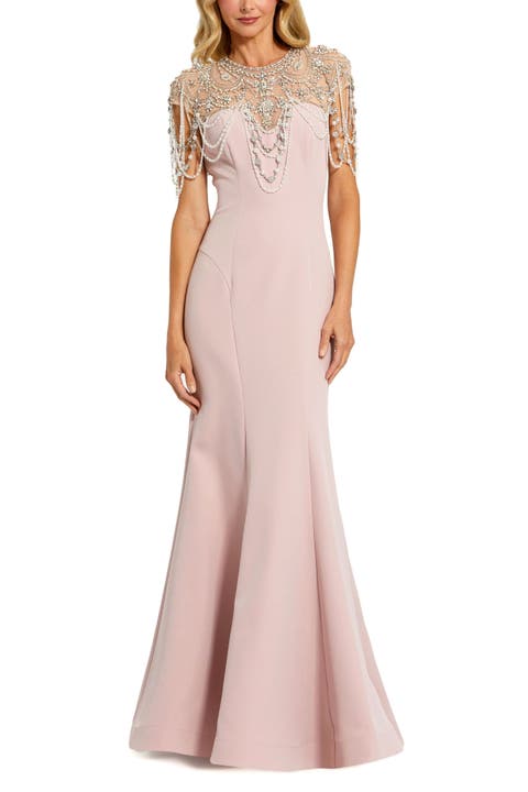 Draped Pearl Beaded Crepe Mermaid Gown