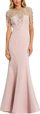 Mac Duggal Draped Pearl Beaded Crepe Mermaid Gown