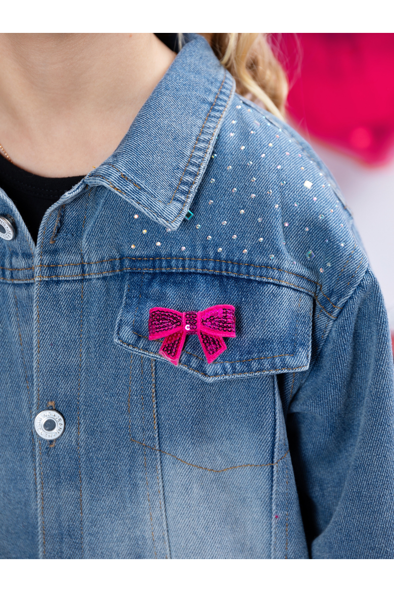 Ellaria Sequin Bow Denim Jacket, Alternate, color, Blue