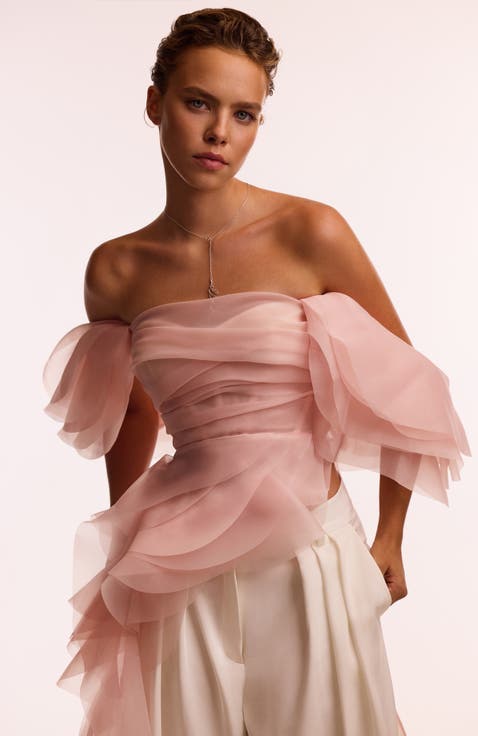 Off-Shoulder Organza Formal Occasion Blouse with Ruffles