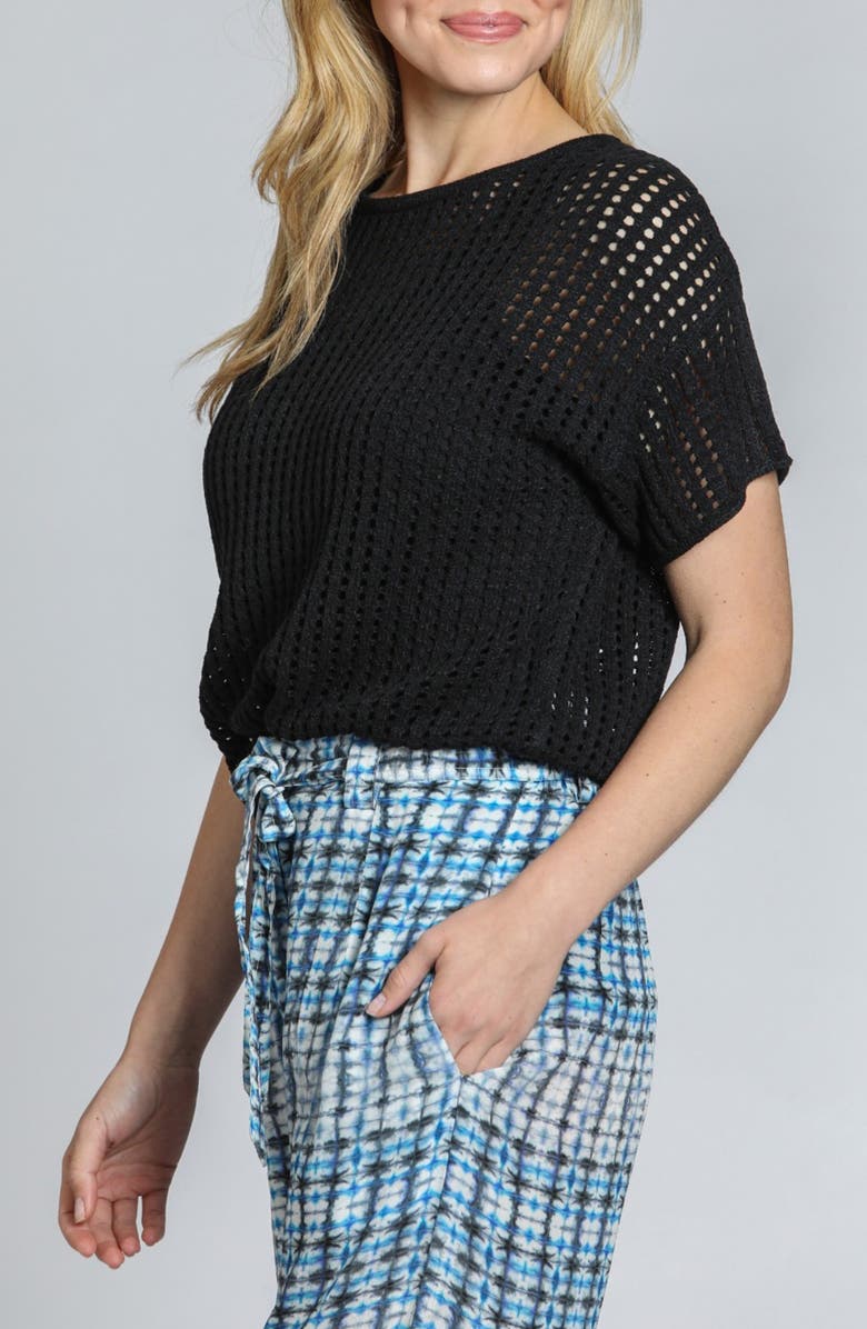 APNY Open Stitch Short Sleeve Sweater, Alternate, color, Black