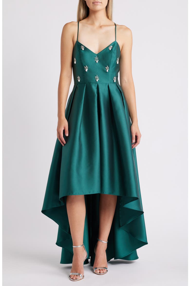 Embellished Mikado High-Low Cocktail Dress, Main, color, EME