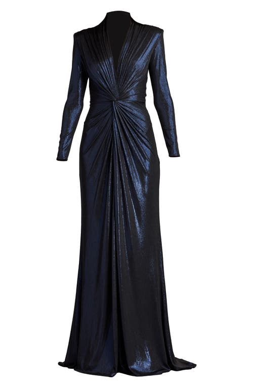 Tadashi Shoji Metallic Long Sleeve Liquid Jersey Gown In Royal Navy