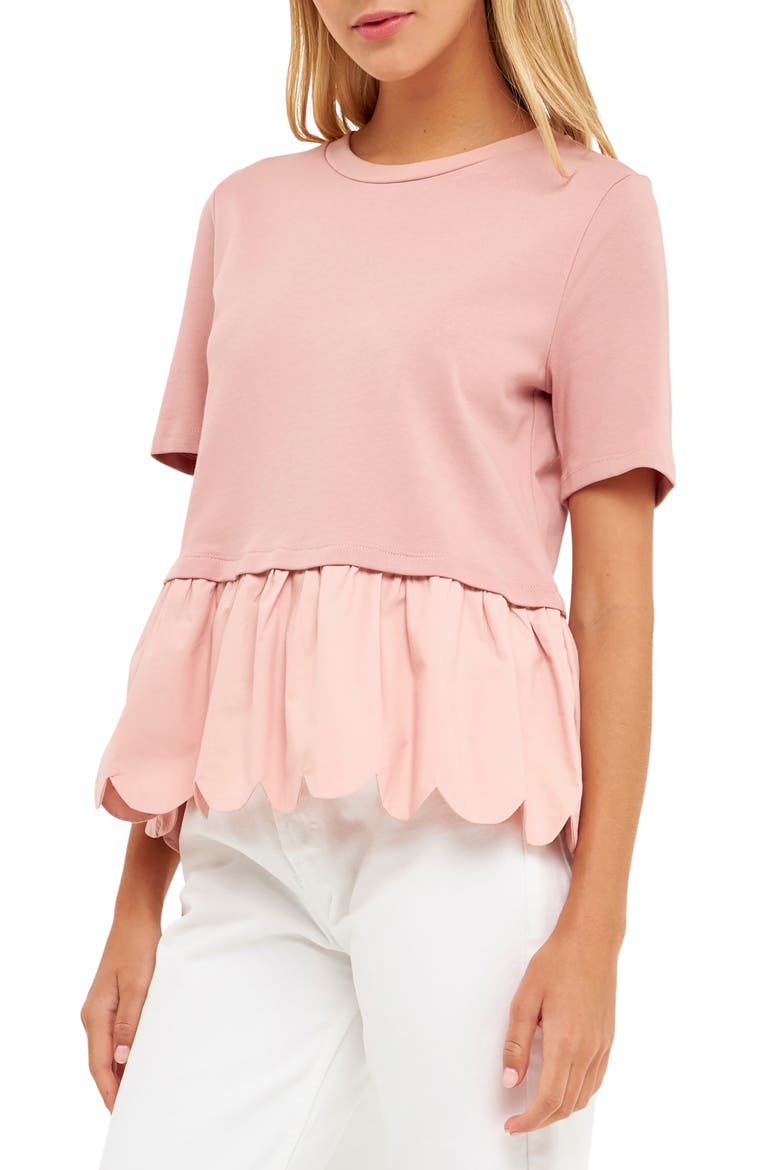 Mixed Media Scallop Peplum Cotton Top, Alternate, color, DUSTY PINK